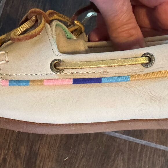 Sperry Top-Sider Angelfish Boat Shoes Beige Leather Gold Laces NWT SZ 8.5 - Picture 12 of 13